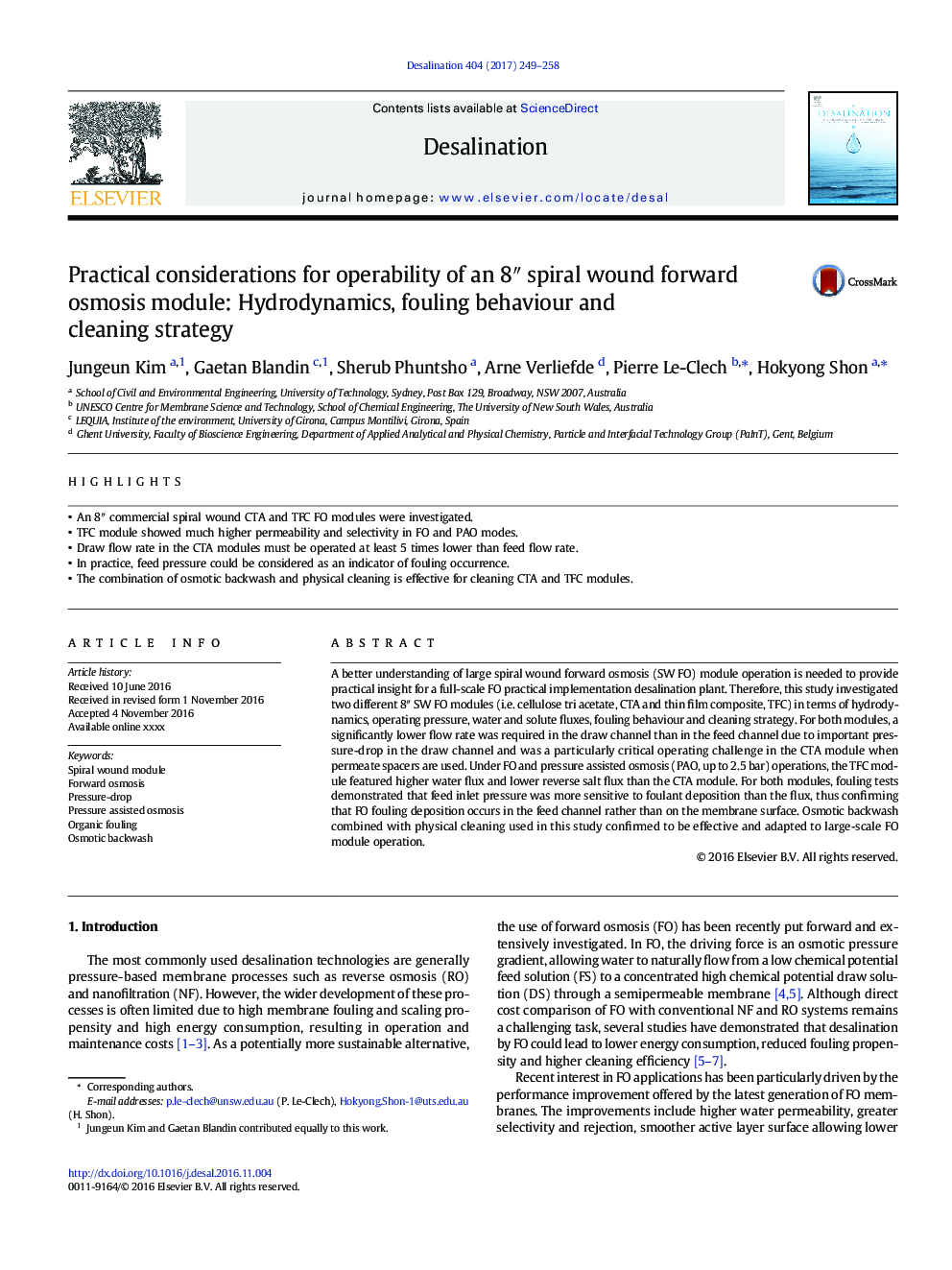 Practical considerations for operability of an 8â³ spiral wound forward osmosis module: Hydrodynamics, fouling behaviour and cleaning strategy