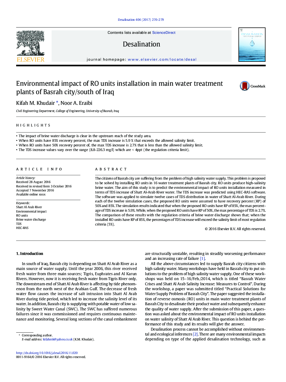 Environmental impact of RO units installation in main water treatment plants of Basrah city/south of Iraq