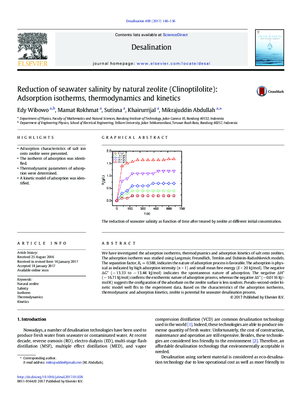 Reduction of seawater salinity by natural zeolite (Clinoptilolite): Adsorption isotherms, thermodynamics and kinetics