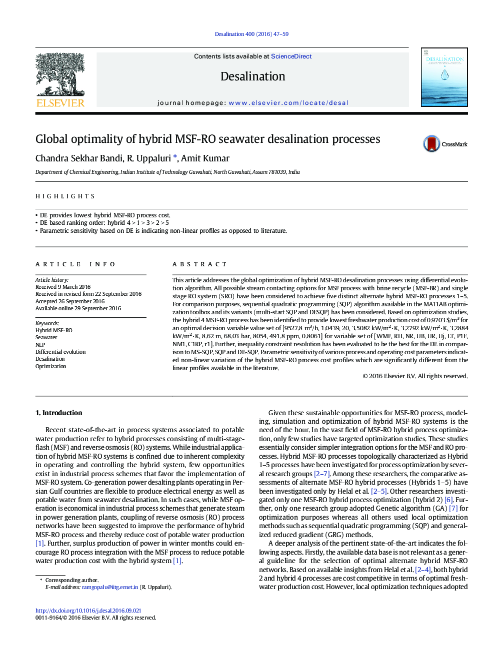 Global optimality of hybrid MSF-RO seawater desalination processes