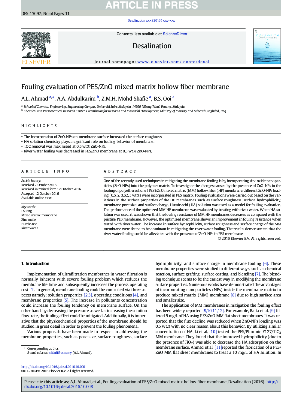 Fouling evaluation of PES/ZnO mixed matrix hollow fiber membrane