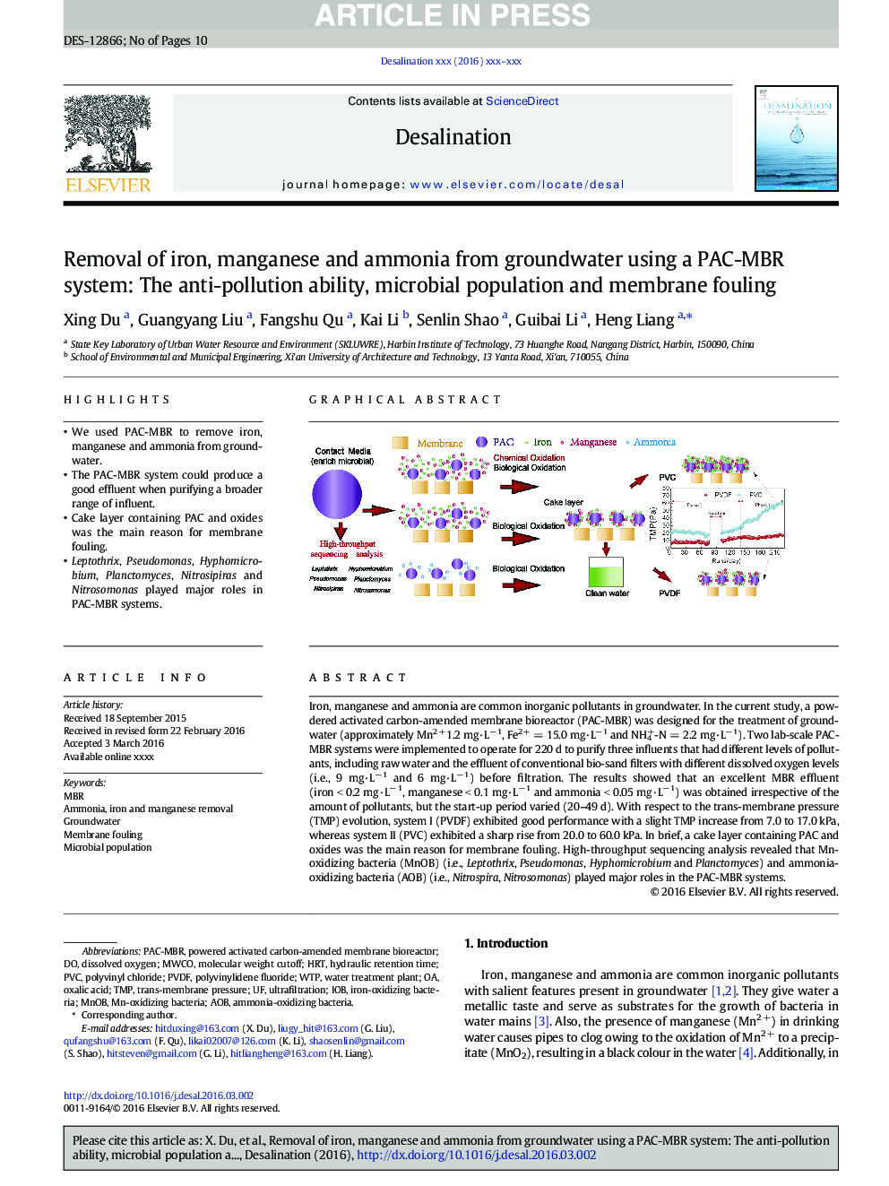 Removal of iron, manganese and ammonia from groundwater using a PAC-MBR system: The anti-pollution ability, microbial population and membrane fouling