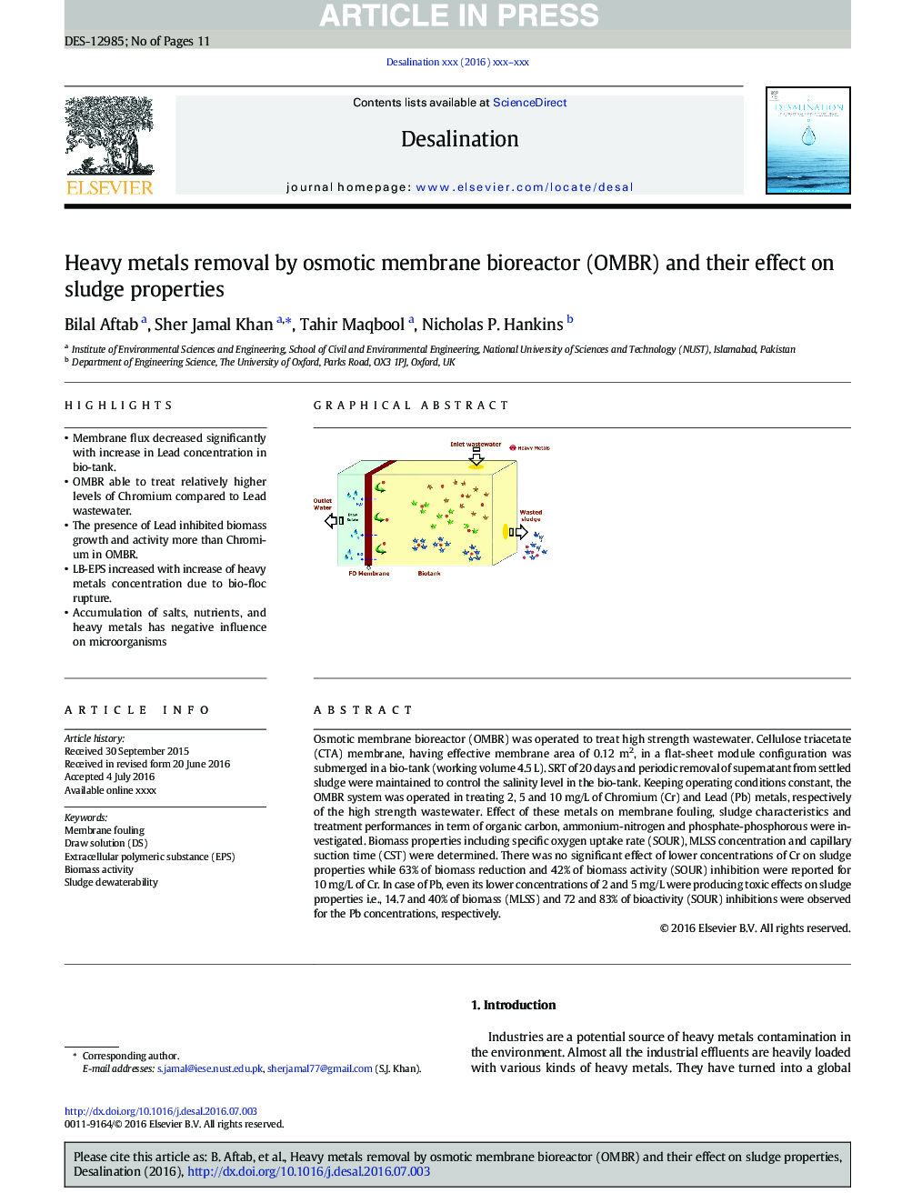 Heavy metals removal by osmotic membrane bioreactor (OMBR) and their effect on sludge properties