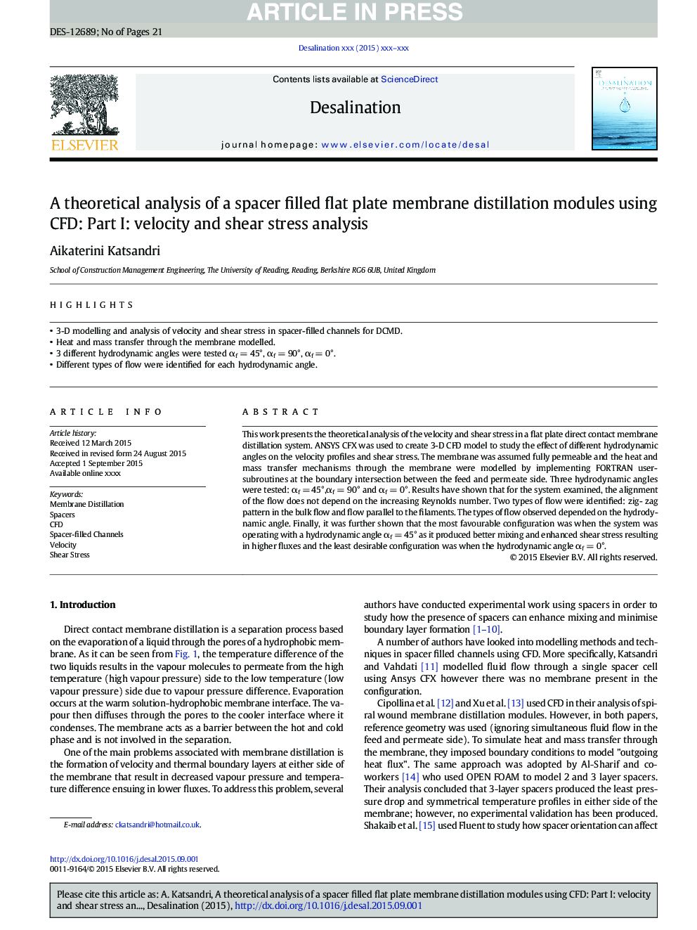 A theoretical analysis of a spacer filled flat plate membrane distillation modules using CFD: Part I: velocity and shear stress analysis