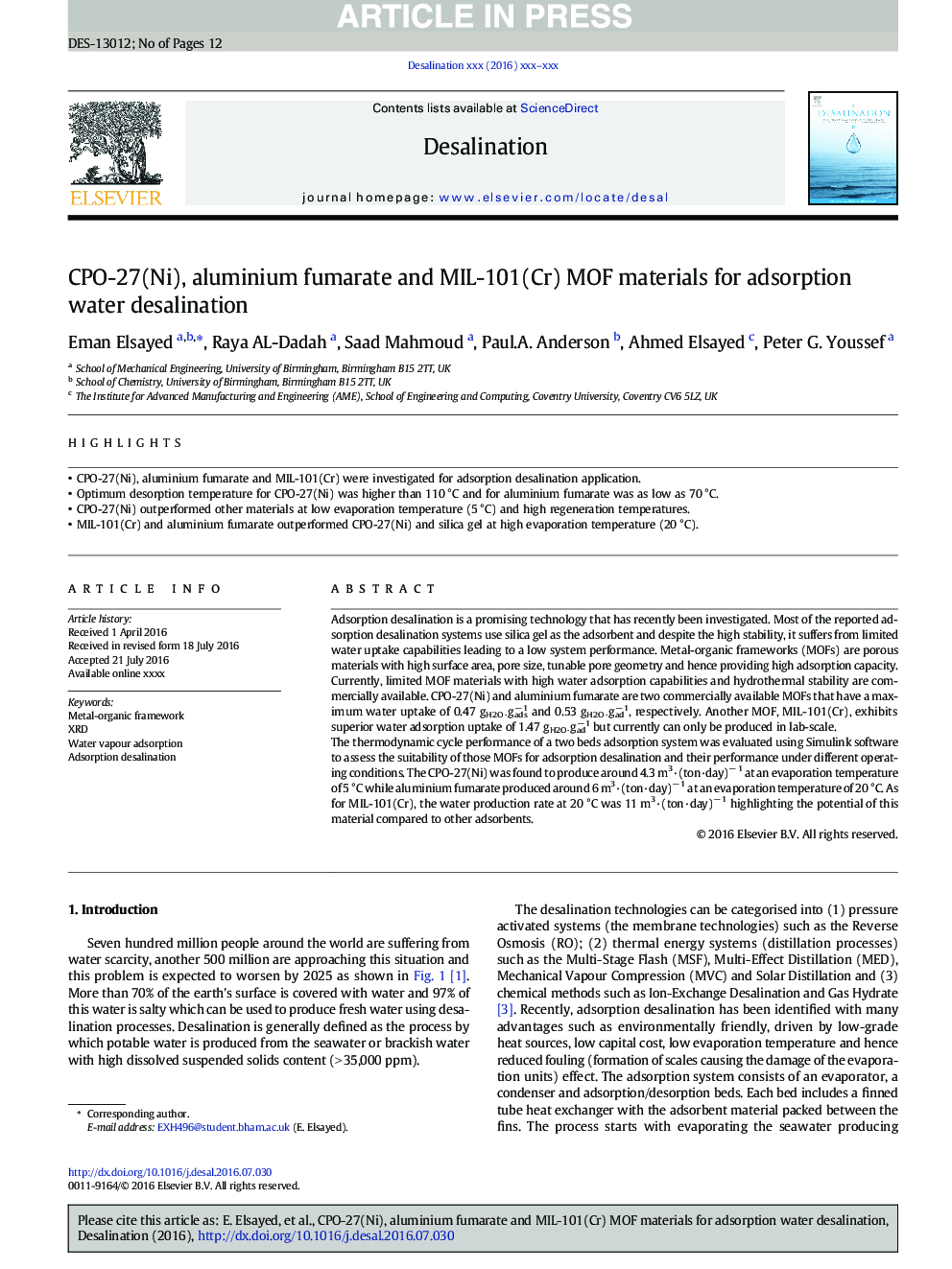 CPO-27(Ni), aluminium fumarate and MIL-101(Cr) MOF materials for adsorption water desalination