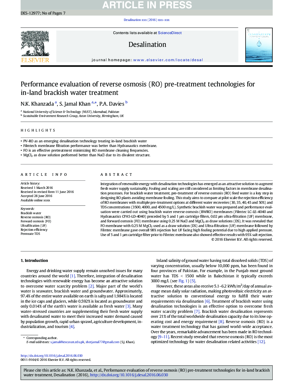 Performance evaluation of reverse osmosis (RO) pre-treatment technologies for in-land brackish water treatment