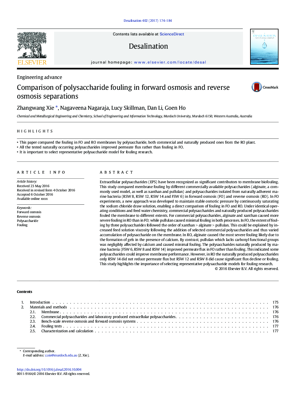 Comparison of polysaccharide fouling in forward osmosis and reverse osmosis separations