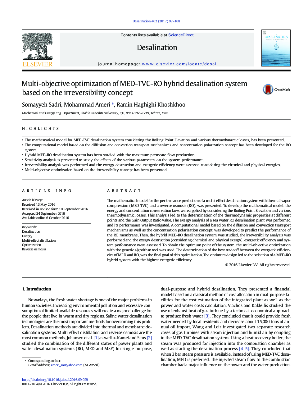 Multi-objective optimization of MED-TVC-RO hybrid desalination system based on the irreversibility concept