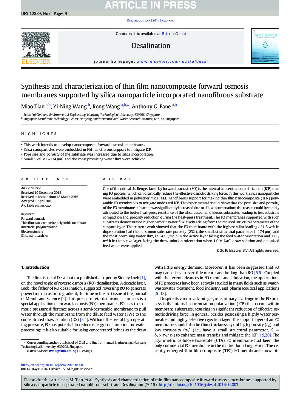 Synthesis and characterization of thin film nanocomposite forward osmosis membranes supported by silica nanoparticle incorporated nanofibrous substrate