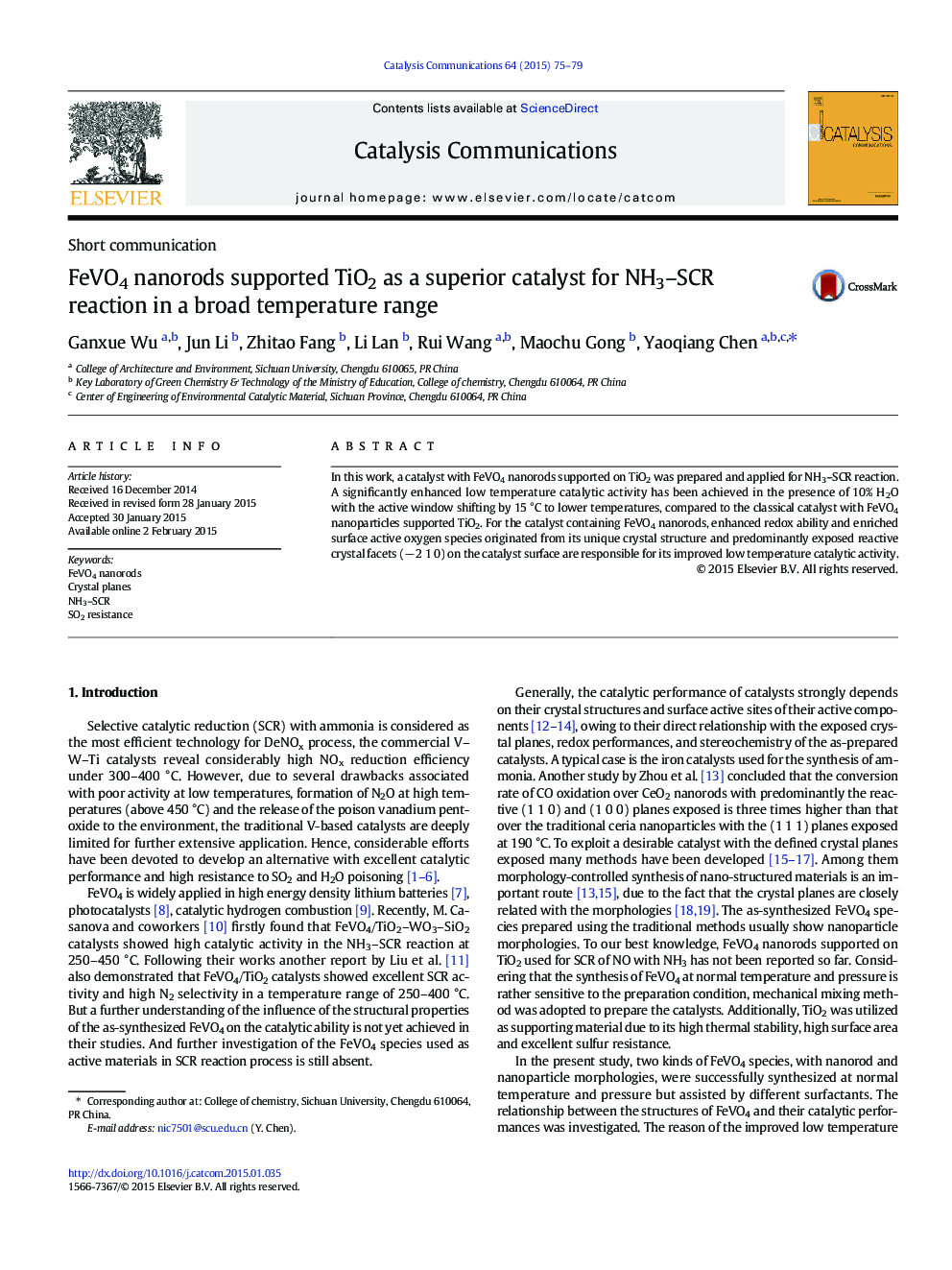 عکس صفحه اول مقاله: FeVO4 nanorods supported TiO2 as a superior catalyst for NH3–SCR reaction in a broad temperature range FeVO4 nanorods supported TiO2 as a superior catalyst for NH3–SCR reaction in a broad temperature range