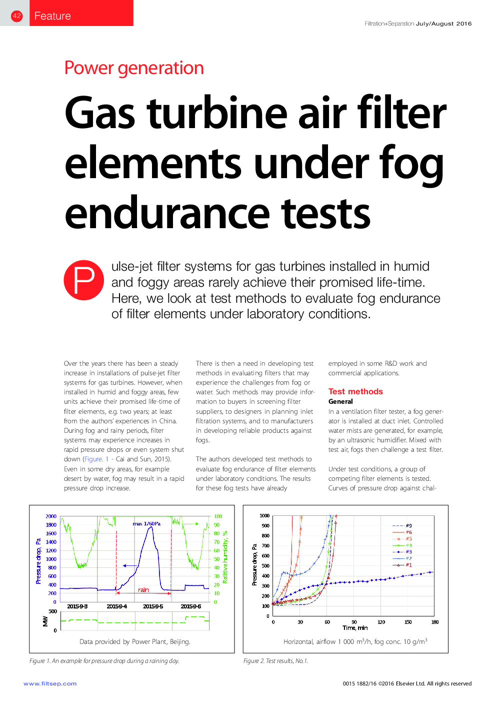 Gas turbine air filter elements under fog endurance tests