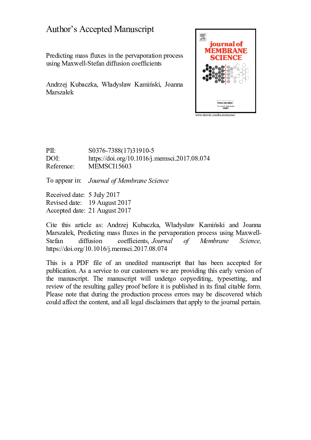 Predicting mass fluxes in the pervaporation process using Maxwell-Stefan diffusion coefficients