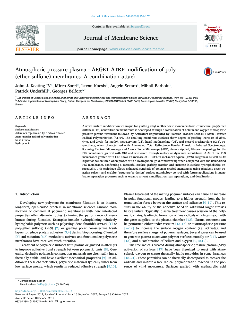 Atmospheric pressure plasma - ARGET ATRP modification of poly(ether sulfone) membranes: A combination attack