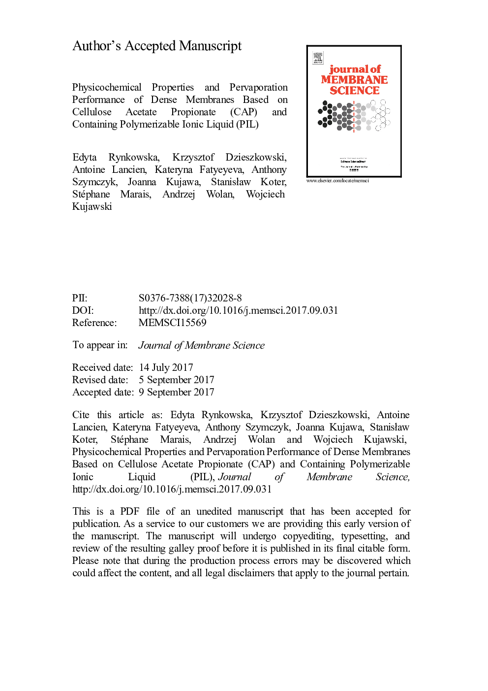 Physicochemical properties and pervaporation performance of dense membranes based on cellulose acetate propionate (CAP) and containing polymerizable ionic liquid (PIL)