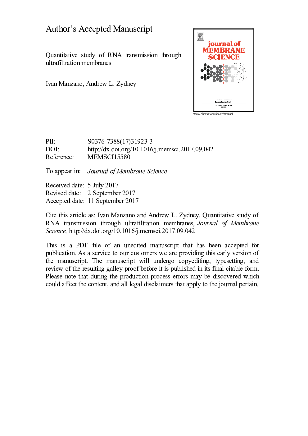 عکس صفحه اول مقاله: Quantitative study of RNA transmission through ultrafiltration membranes Quantitative study of RNA transmission through ultrafiltration membranes