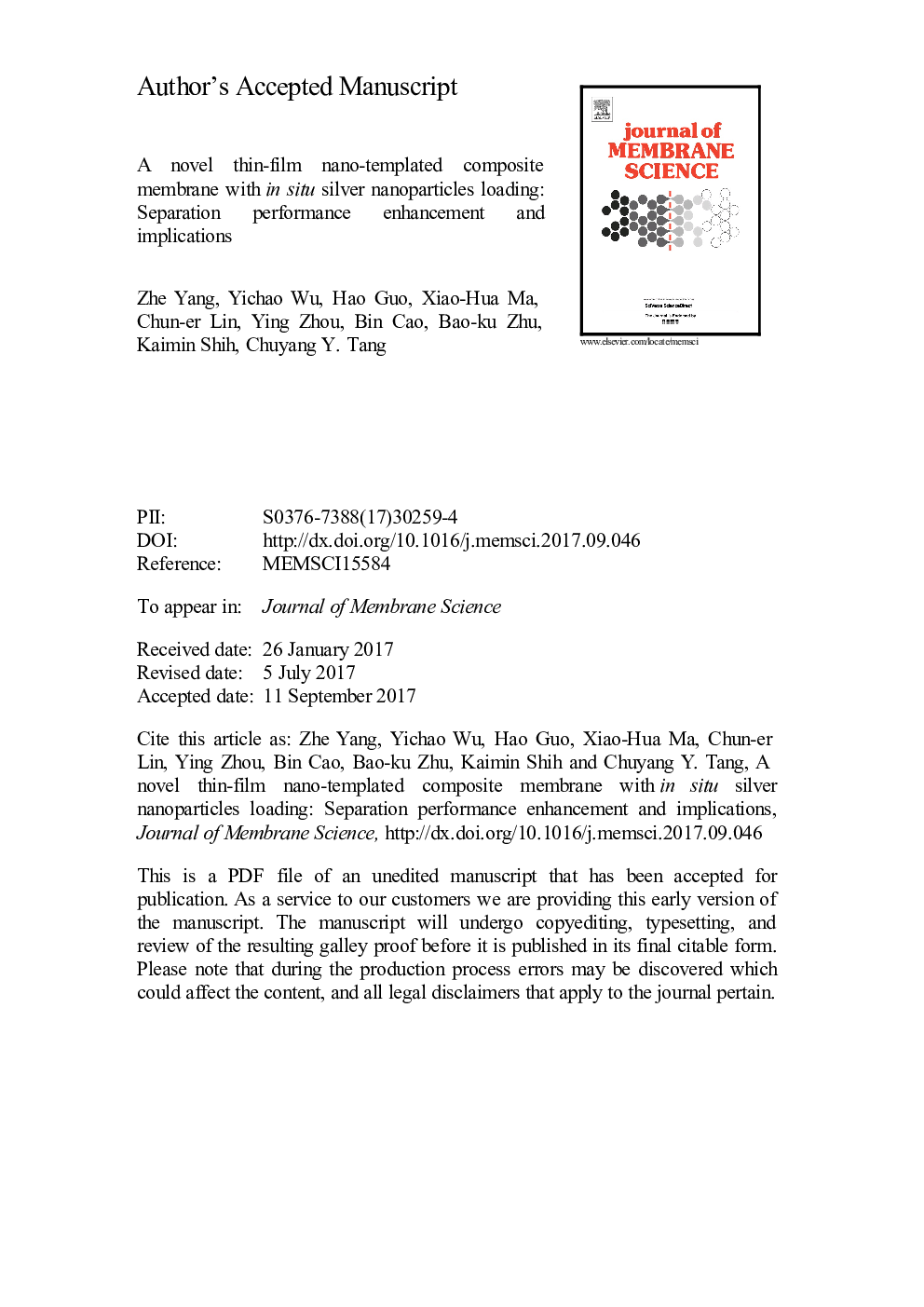 A novel thin-film nano-templated composite membrane with in situ silver nanoparticles loading: Separation performance enhancement and implications