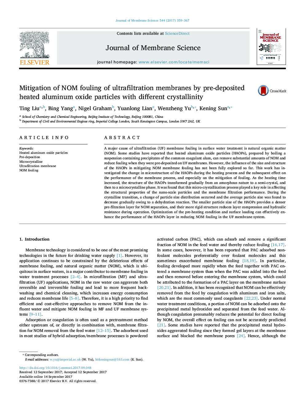 Mitigation of NOM fouling of ultrafiltration membranes by pre-deposited heated aluminum oxide particles with different crystallinity