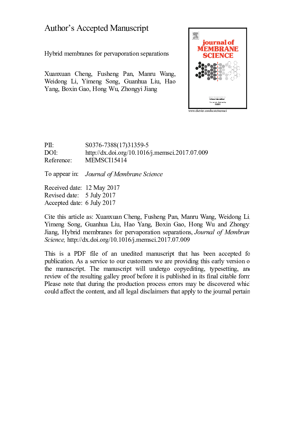 Hybrid membranes for pervaporation separations