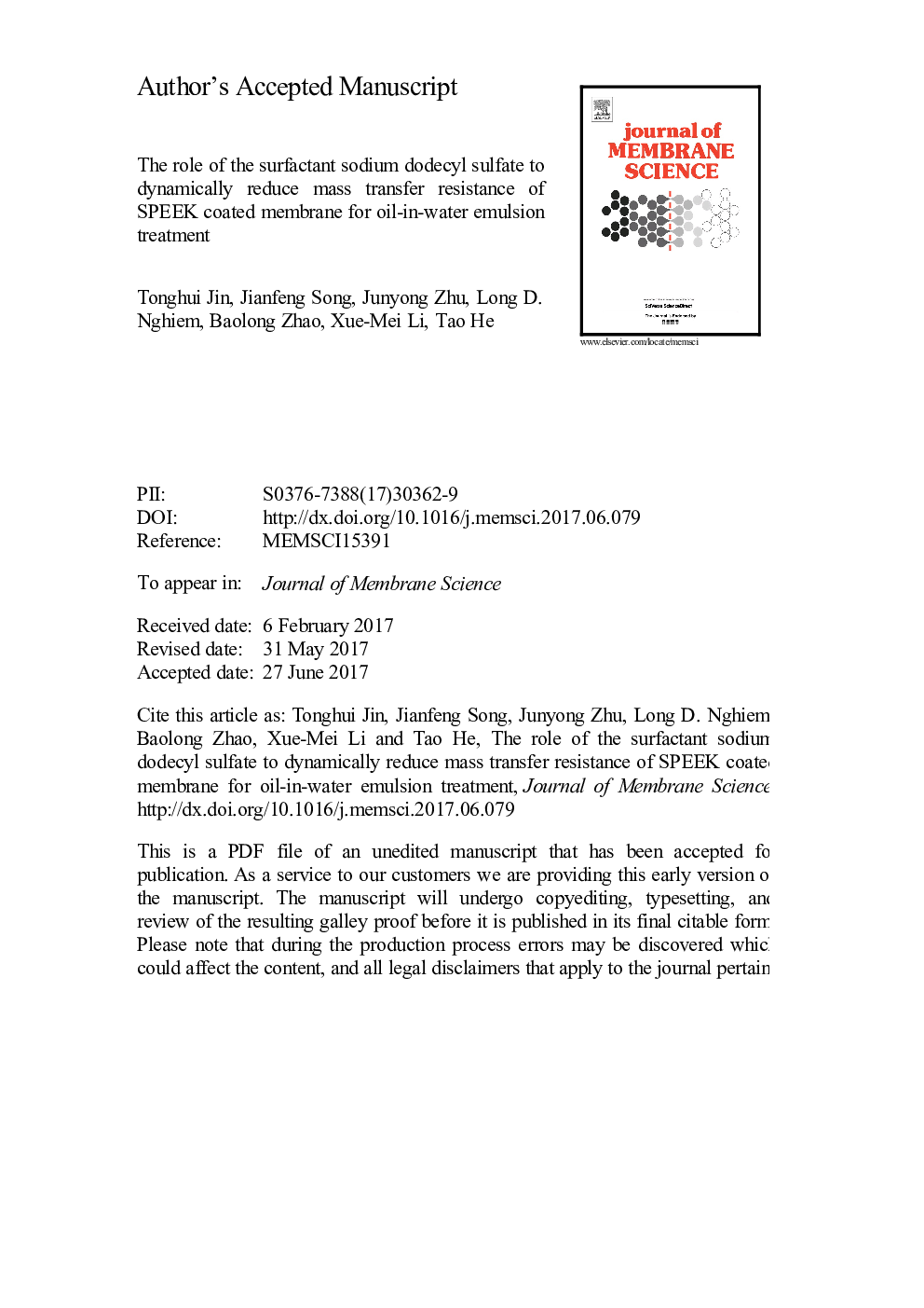 The role of the surfactant sodium dodecyl sulfate to dynamically reduce mass transfer resistance of SPEEK coated membrane for oil-in-water emulsion treatment