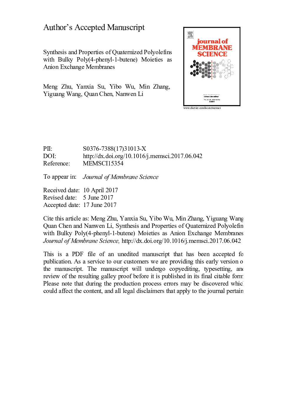 Synthesis and properties of quaternized polyolefins with bulky poly(4-phenyl-1-butene) moieties as anion exchange membranes