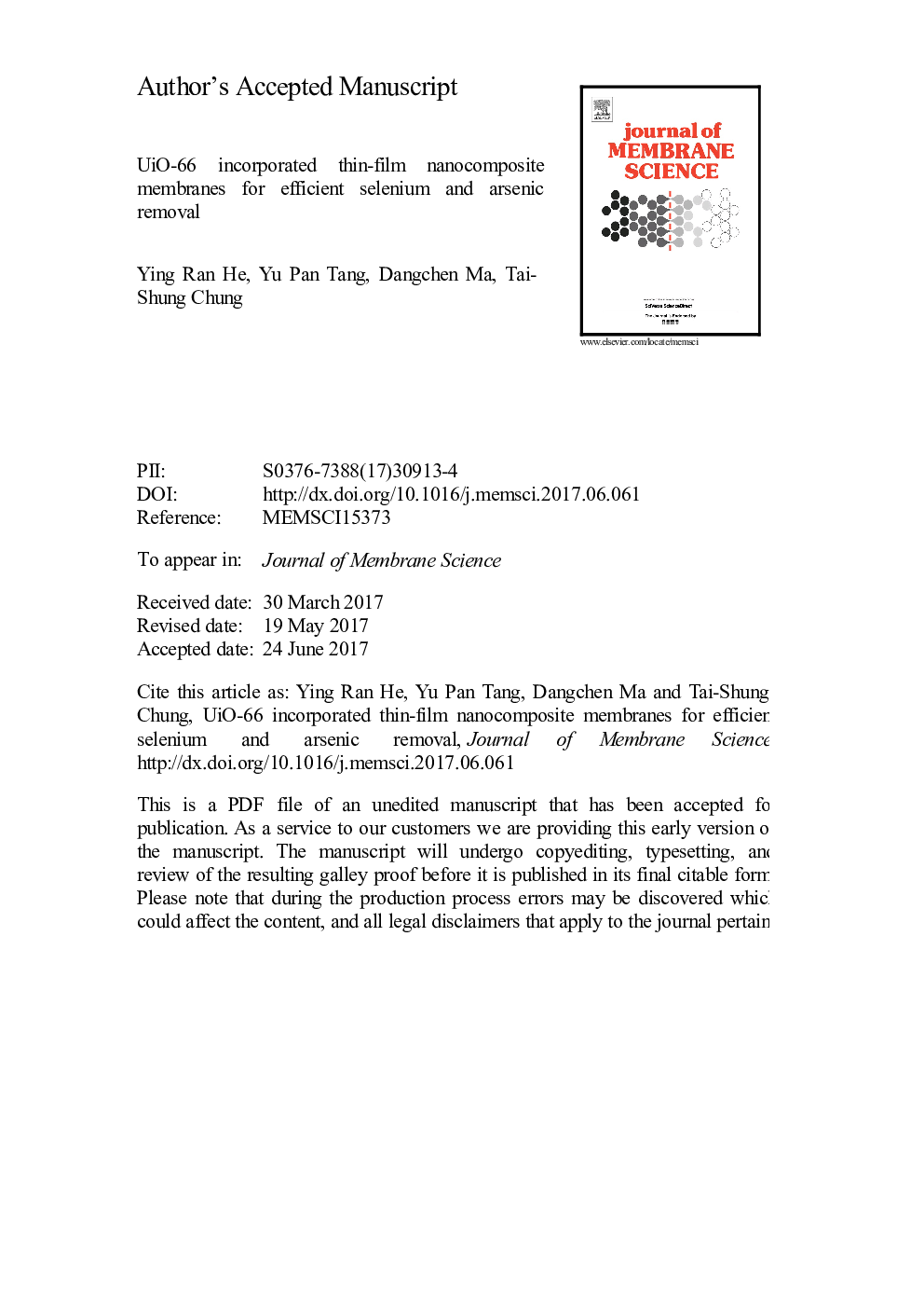 UiO-66 incorporated thin-film nanocomposite membranes for efficient selenium and arsenic removal