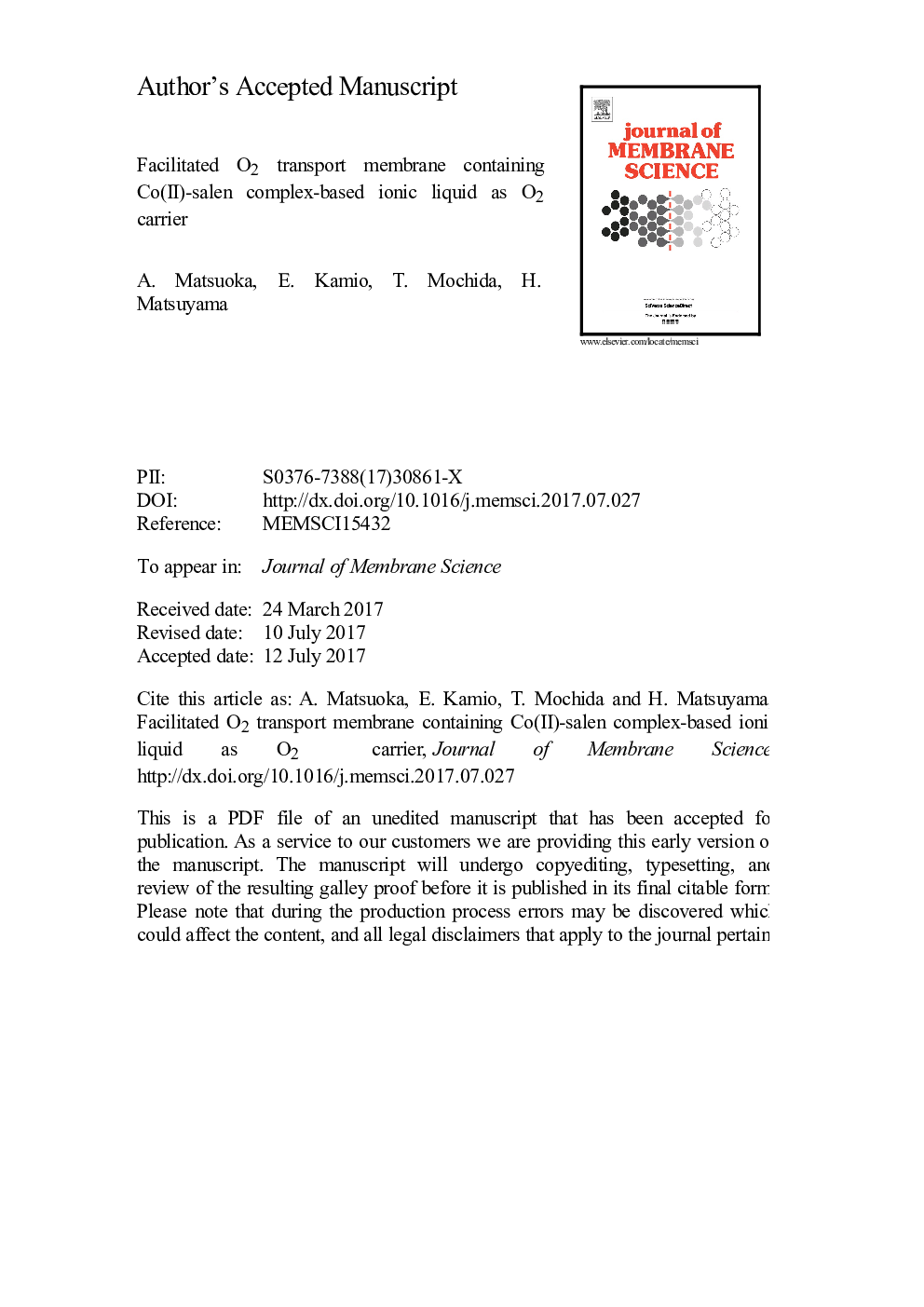 Facilitated O2 transport membrane containing Co(II)-salen complex-based ionic liquid as O2 carrier