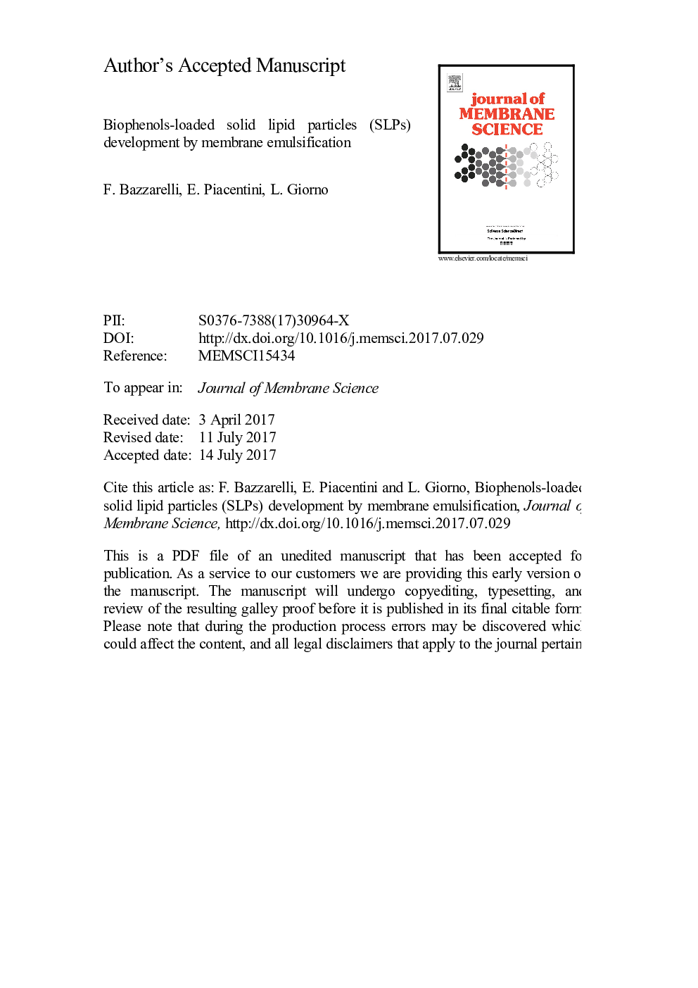 Biophenols-loaded solid lipid particles (SLPs) development by membrane emulsification