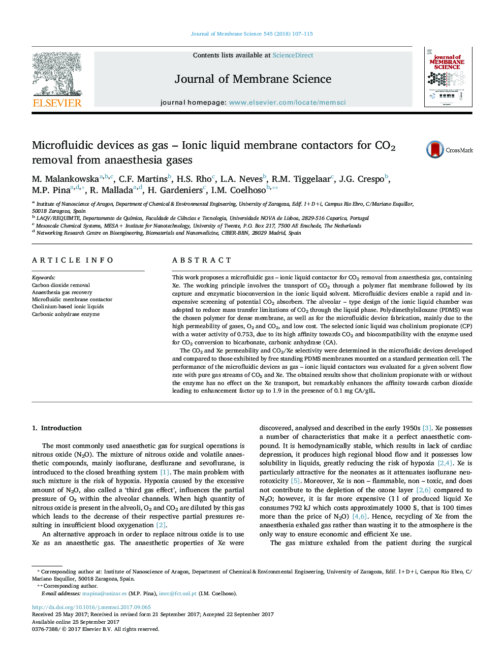 Microfluidic devices as gas - Ionic liquid membrane contactors for CO2 removal from anaesthesia gases