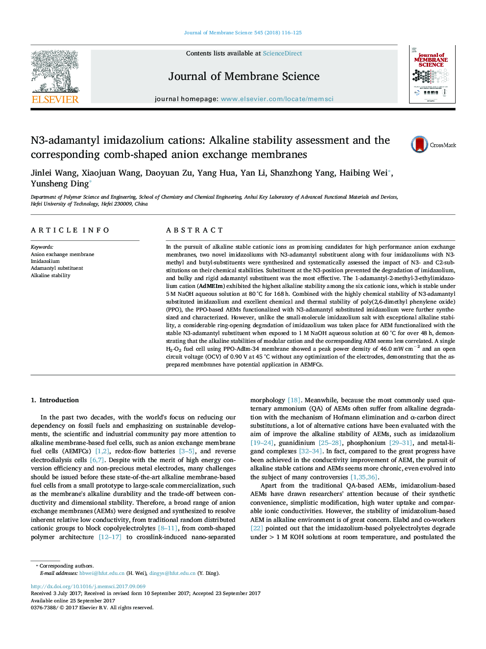 N3-adamantyl imidazolium cations: Alkaline stability assessment and the corresponding comb-shaped anion exchange membranes