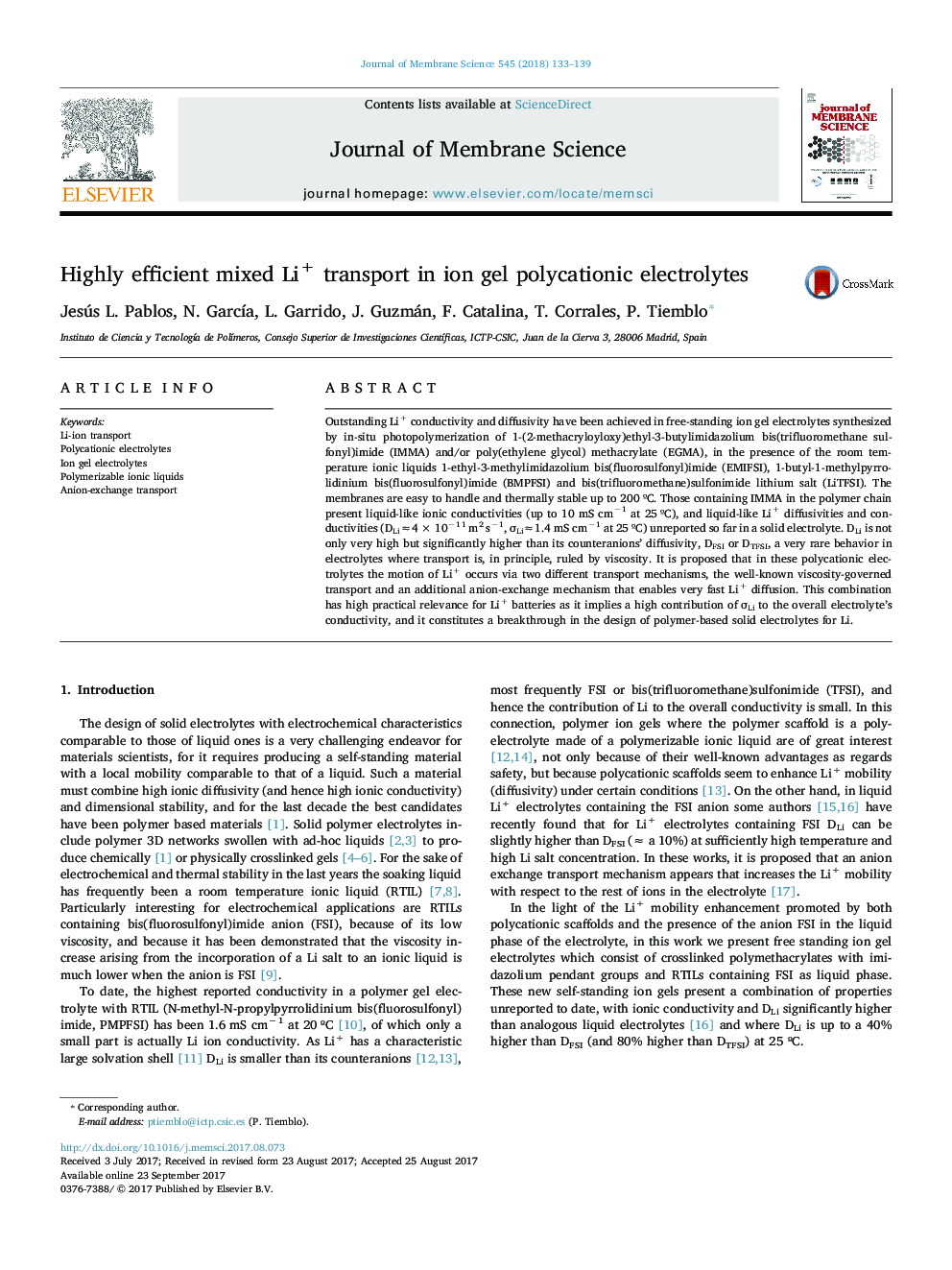 Highly efficient mixed Li+ transport in ion gel polycationic electrolytes