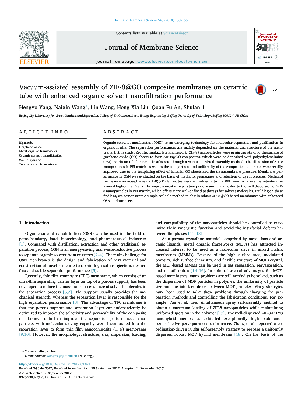 Vacuum Assisted Assembly Of Zif 8 Go Composite Membranes On Ceramic Tube With Enhanced Organic Solvent