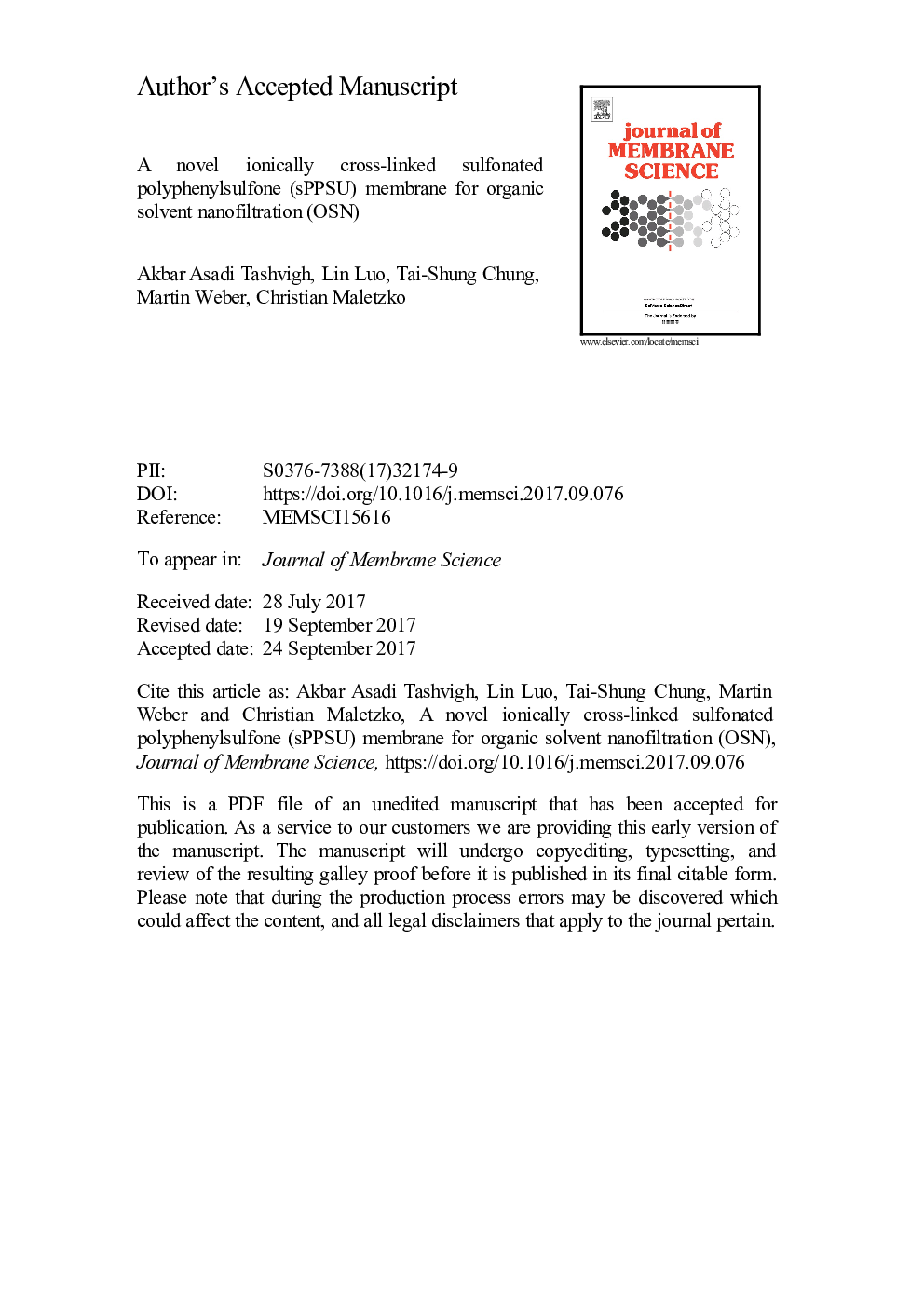 A novel ionically cross-linked sulfonated polyphenylsulfone (sPPSU) membrane for organic solvent nanofiltration (OSN)