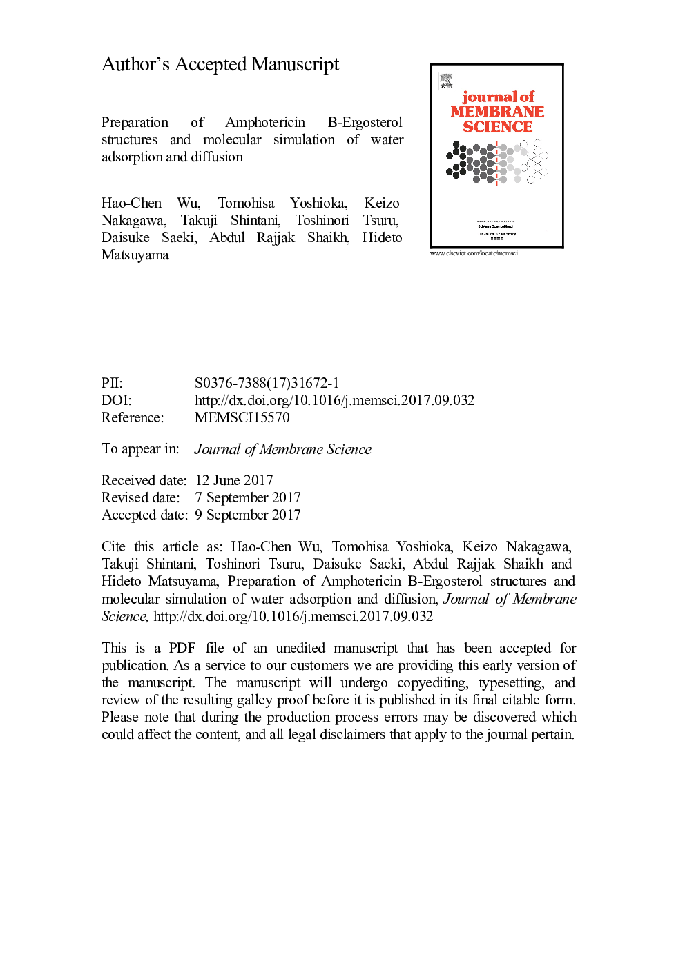 Preparation of Amphotericin B-Ergosterol structures and molecular simulation of water adsorption and diffusion