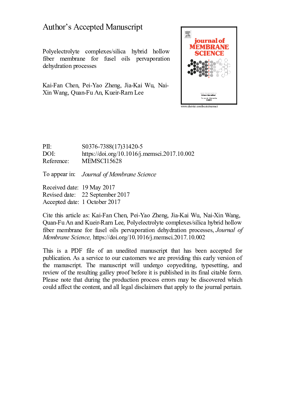 Polyelectrolyte complexes/silica hybrid hollow fiber membrane for fusel oils pervaporation dehydration processes