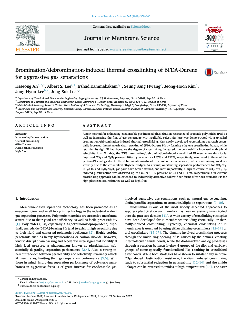 Bromination/debromination-induced thermal crosslinking of 6FDA-Durene for aggressive gas separations