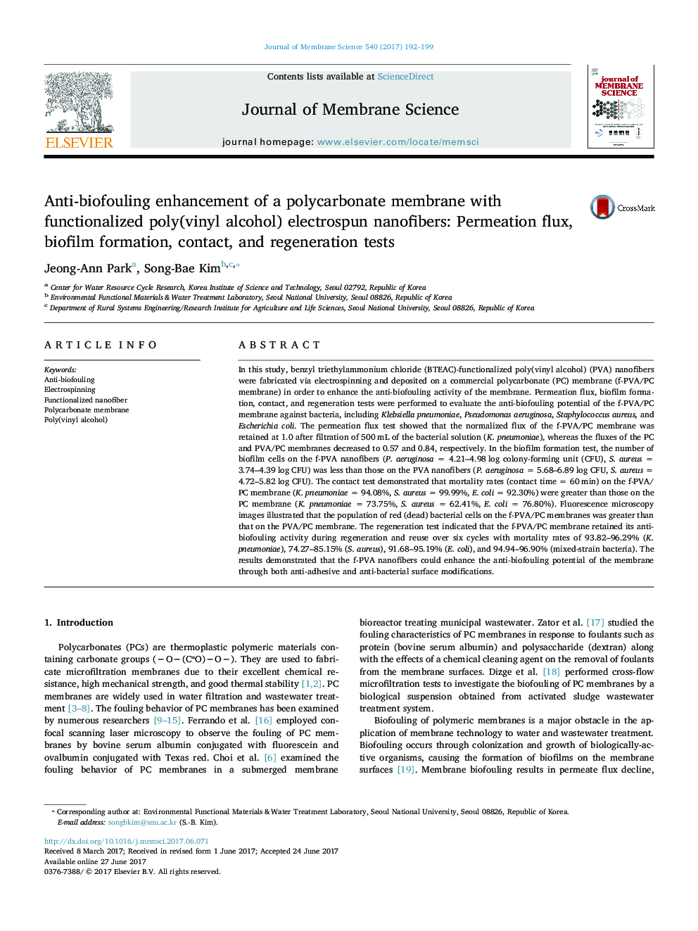 Anti-biofouling enhancement of a polycarbonate membrane with functionalized poly(vinyl alcohol) electrospun nanofibers: Permeation flux, biofilm formation, contact, and regeneration tests