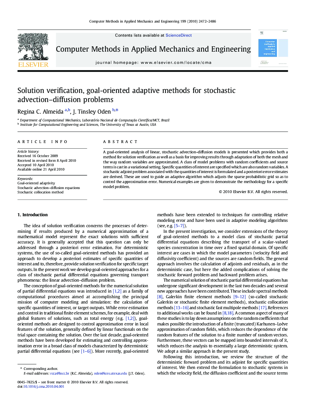 Solution verification, goal-oriented adaptive methods for stochastic advection–diffusion problems