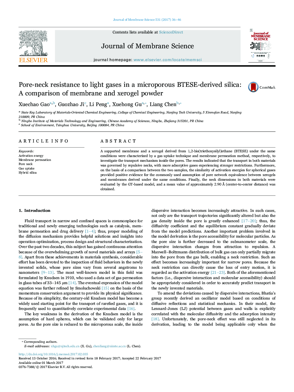 Pore-neck resistance to light gases in a microporous BTESE-derived silica: A comparison of membrane and xerogel powder