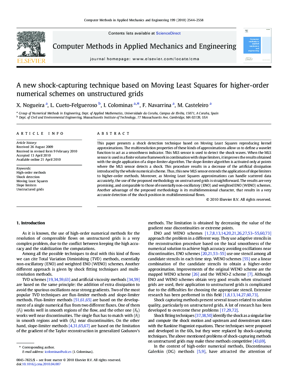 A new shock-capturing technique based on Moving Least Squares for higher-order numerical schemes on unstructured grids