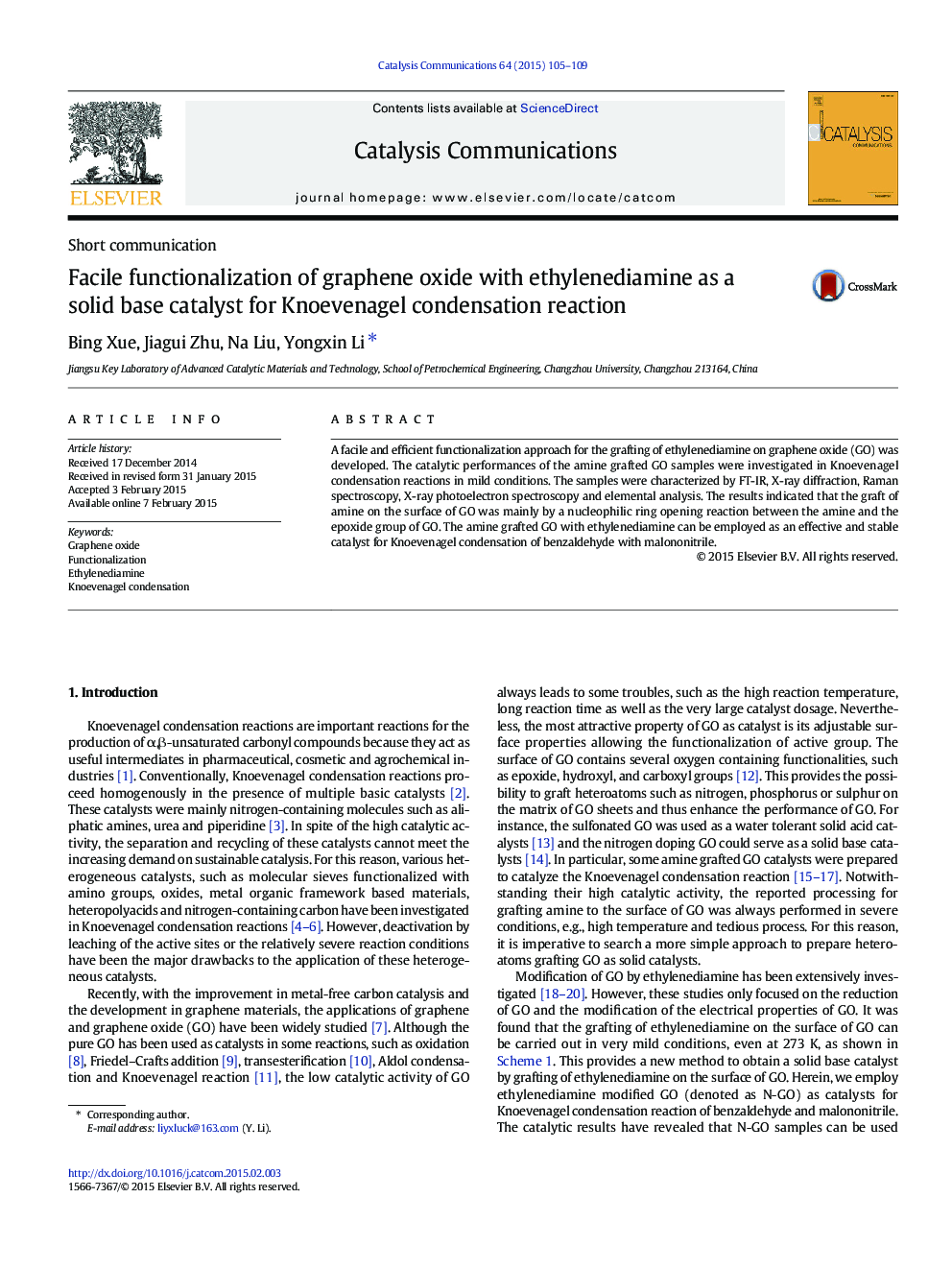 Facile functionalization of graphene oxide with ethylenediamine as a solid base catalyst for Knoevenagel condensation reaction