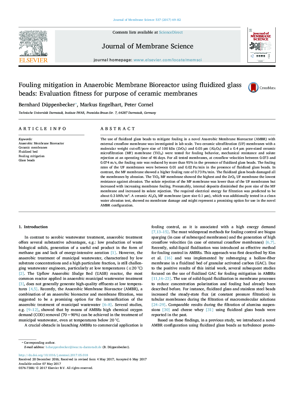 Fouling mitigation in Anaerobic Membrane Bioreactor using fluidized glass beads: Evaluation fitness for purpose of ceramic membranes