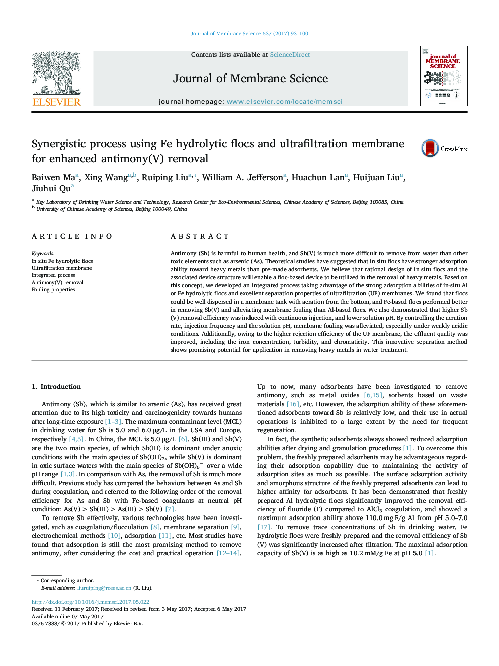 Synergistic process using Fe hydrolytic flocs and ultrafiltration membrane for enhanced antimony(V) removal