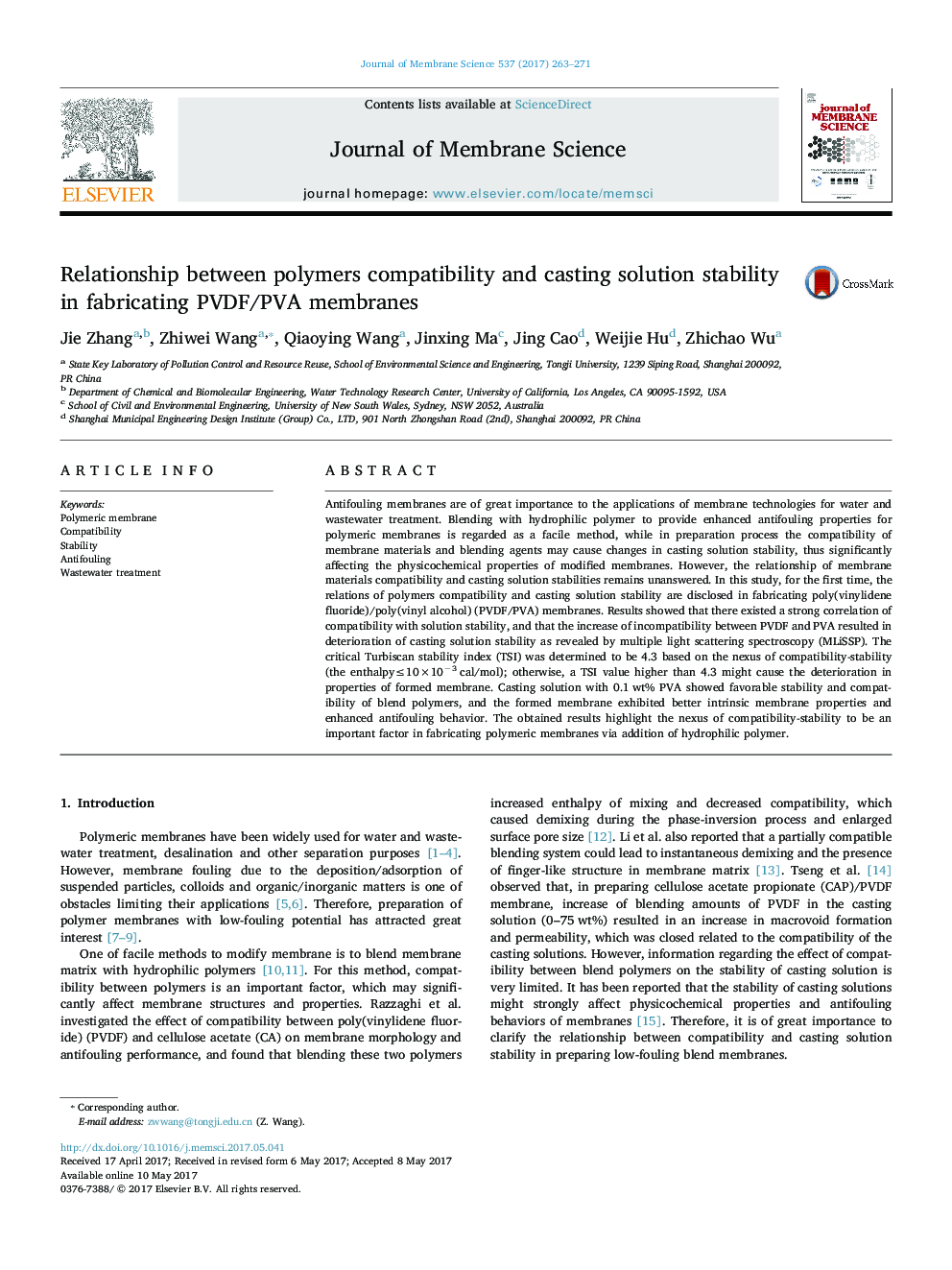 Relationship between polymers compatibility and casting solution stability in fabricating PVDF/PVA membranes