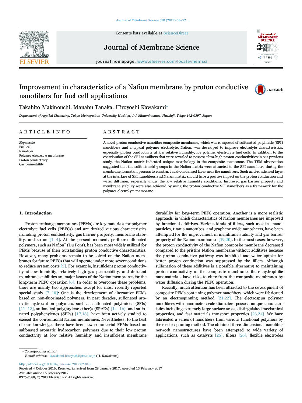 Improvement in characteristics of a Nafion membrane by proton conductive nanofibers for fuel cell applications