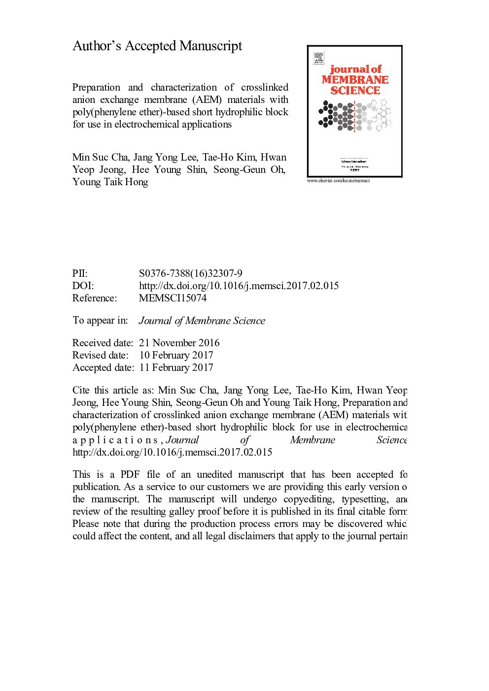 Preparation and characterization of crosslinked anion exchange membrane (AEM) materials with poly(phenylene ether)-based short hydrophilic block for use in electrochemical applications