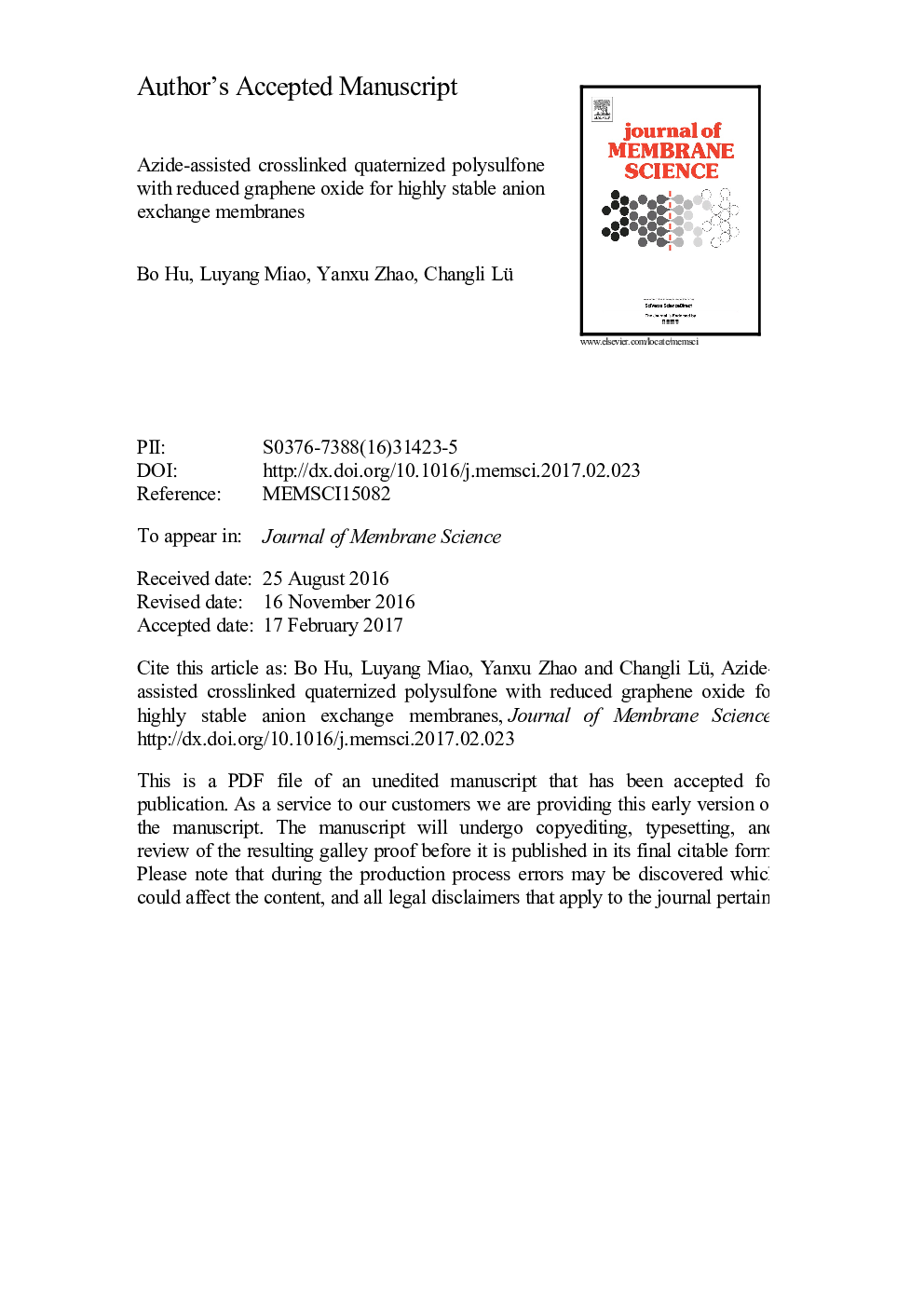 Azide-assisted crosslinked quaternized polysulfone with reduced graphene oxide for highly stable anion exchange membranes