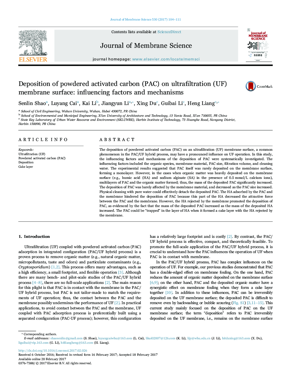 Deposition of powdered activated carbon (PAC) on ultrafiltration (UF) membrane surface: influencing factors and mechanisms