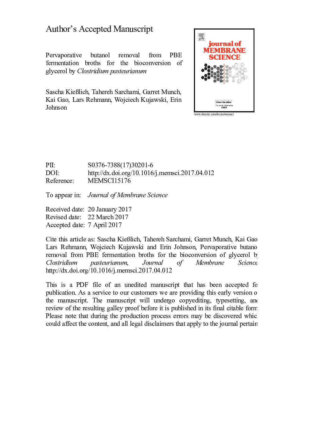 Pervaporative butanol removal from PBE fermentation broths for the bioconversion of glycerol by Clostridium pasteurianum