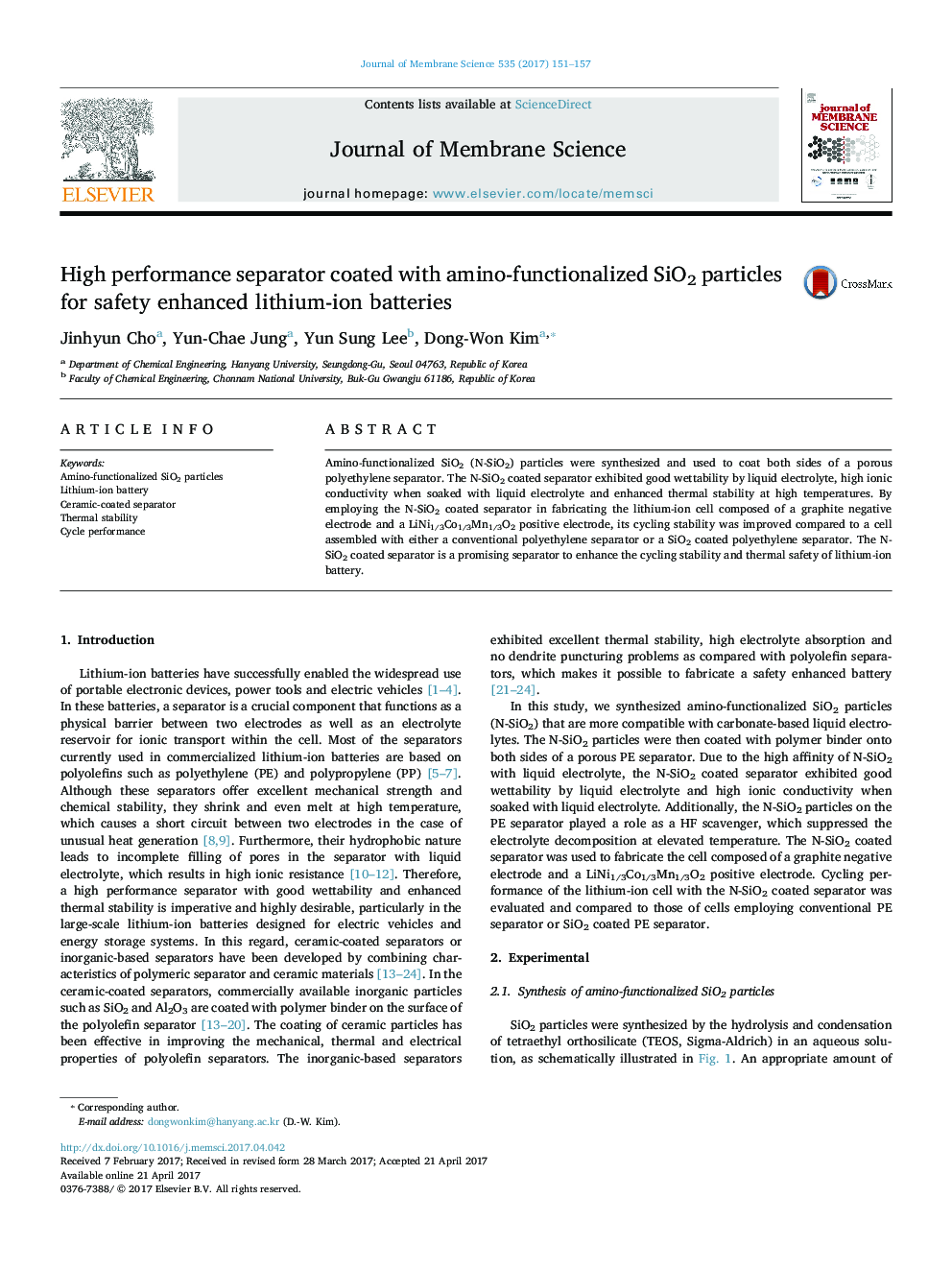 High performance separator coated with amino-functionalized SiO2 particles for safety enhanced lithium-ion batteries