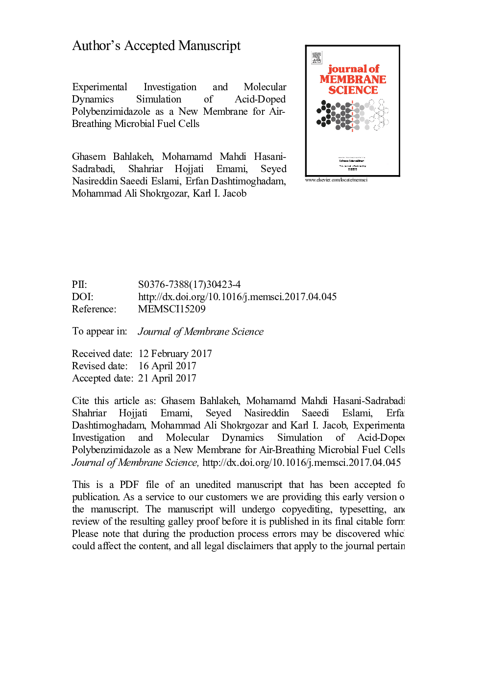 Experimental investigation and molecular dynamics simulation of acid-doped polybenzimidazole as a new membrane for air-breathing microbial fuel cells